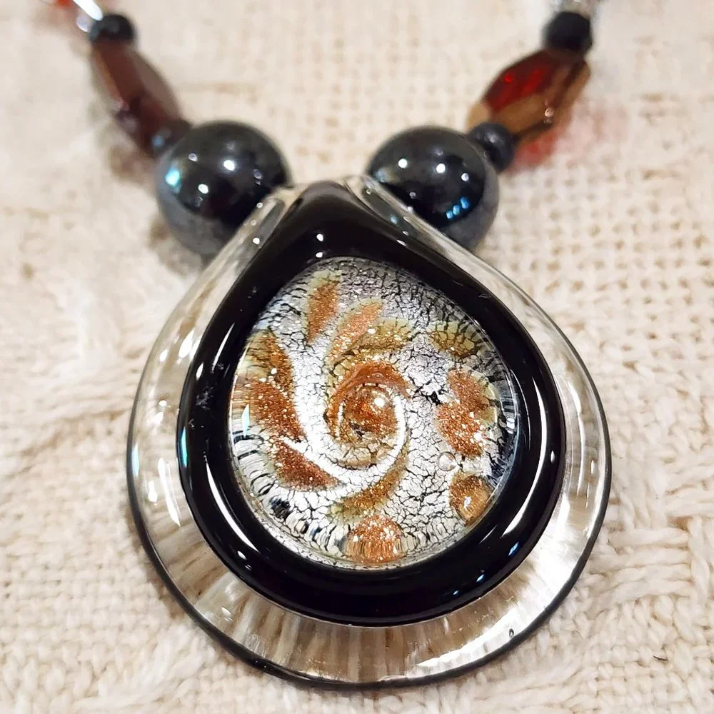 Artisan BOHO Earth Tone Large Blown Glass Swirl Pendant Beaded Long Necklace